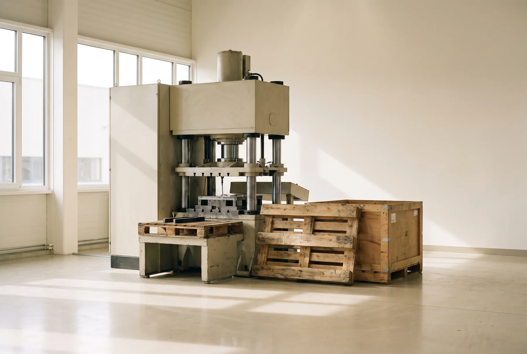 An idle production machine beside a pallet and a crate