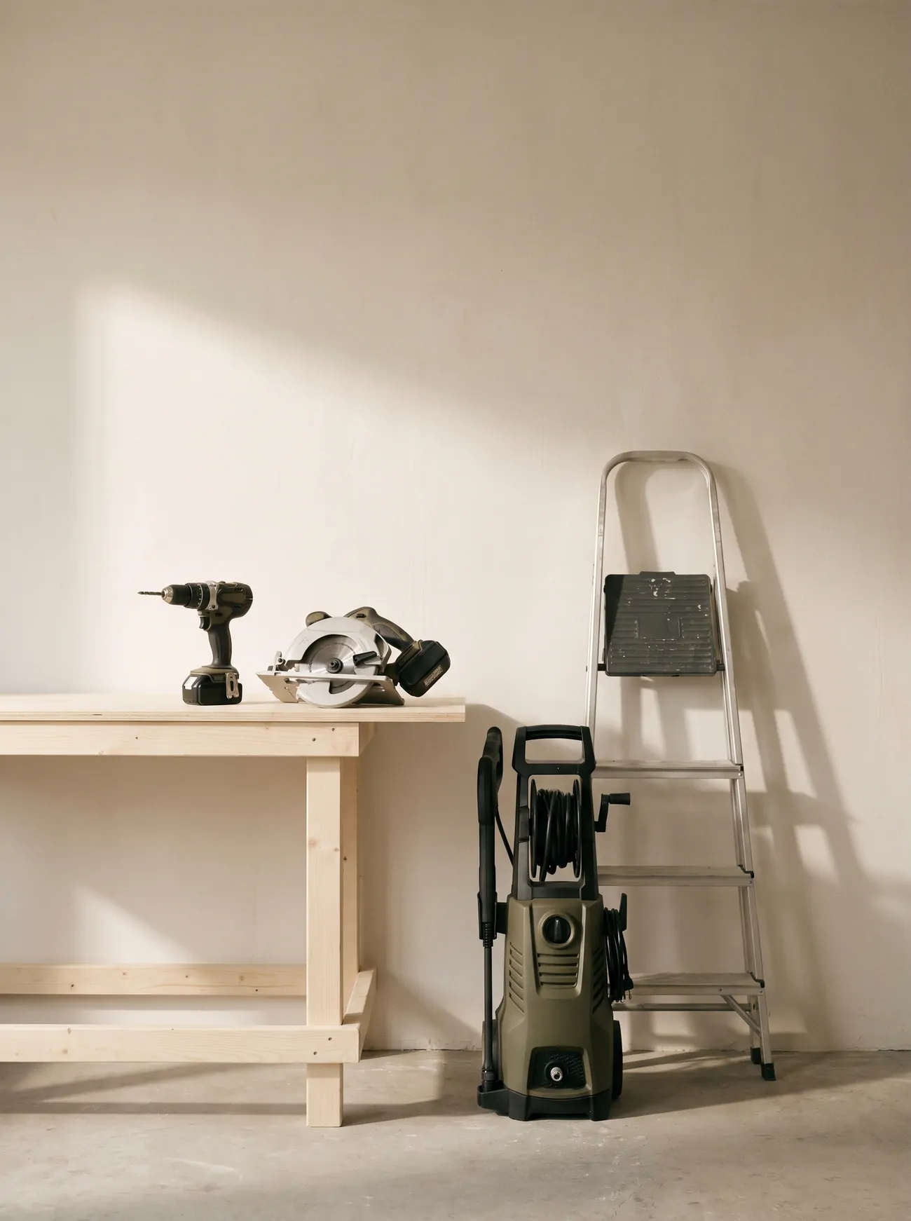 A drill and circular saw on a workbench with a pressure washer and step ladder