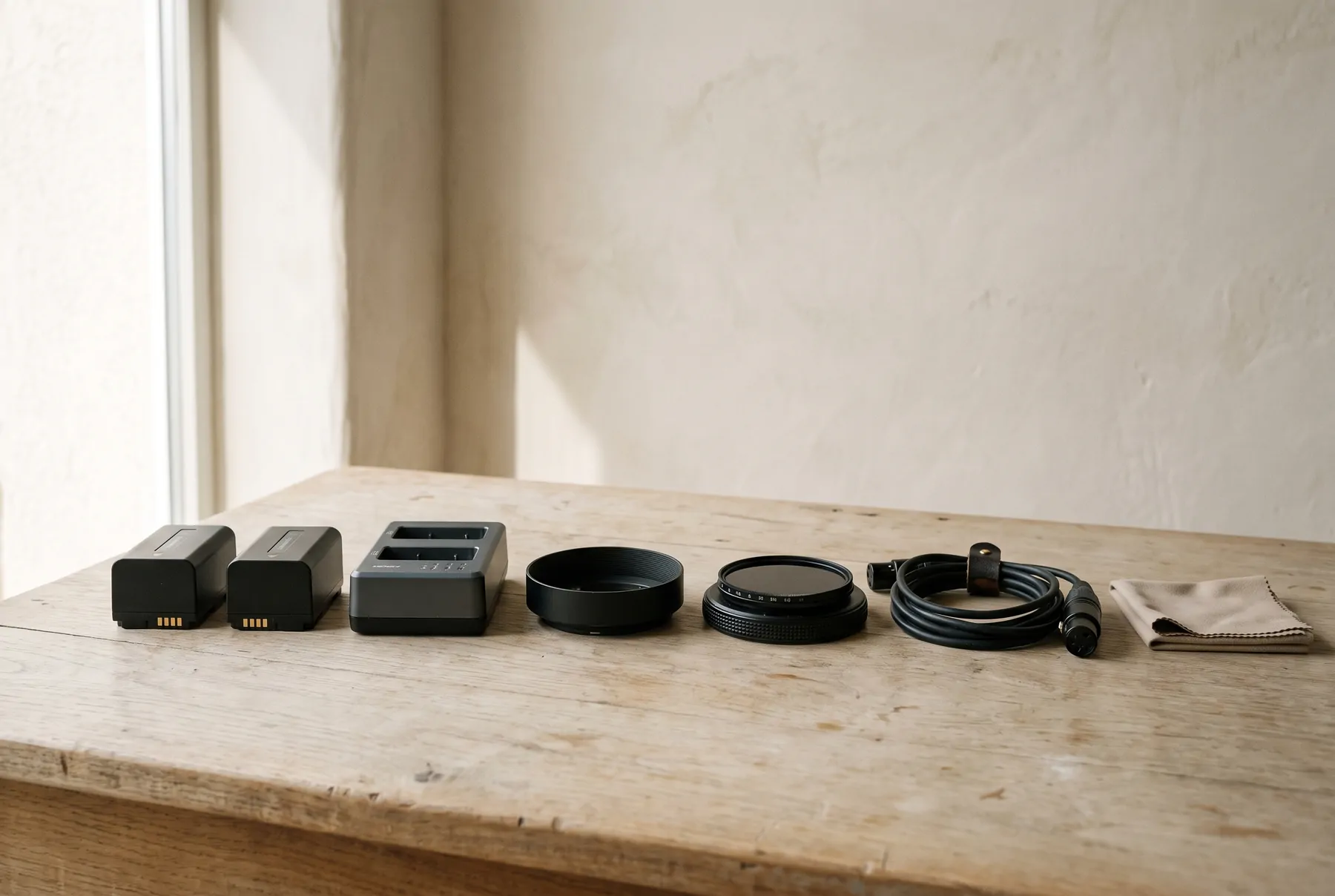 Batteries, charger, lens hood, ND filter and cable laid out in a row