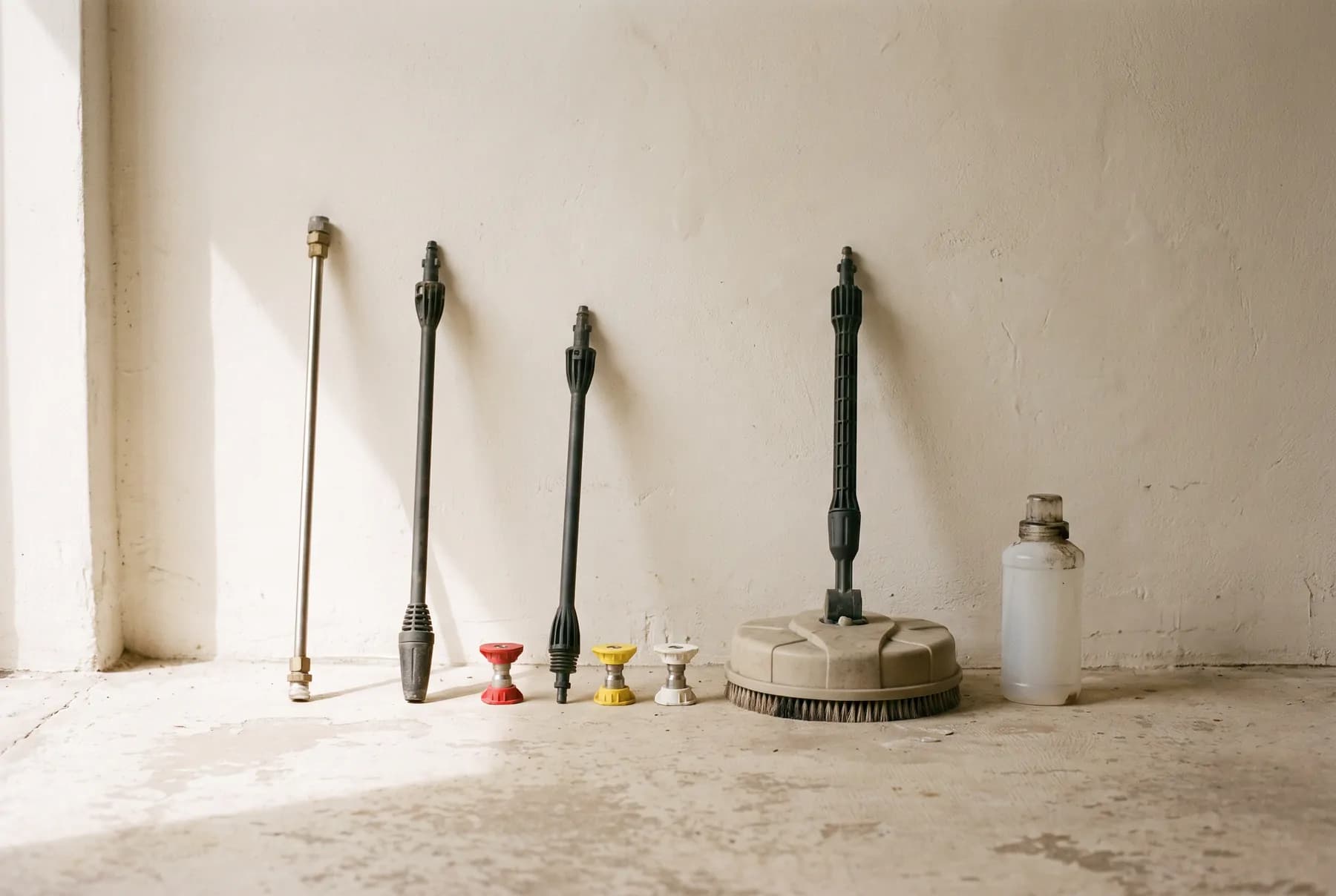 Lance, nozzles, patio head and detergent bottle laid out