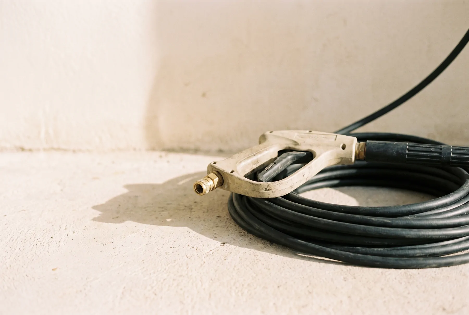 Close-up of the trigger gun and coiled high-pressure hose