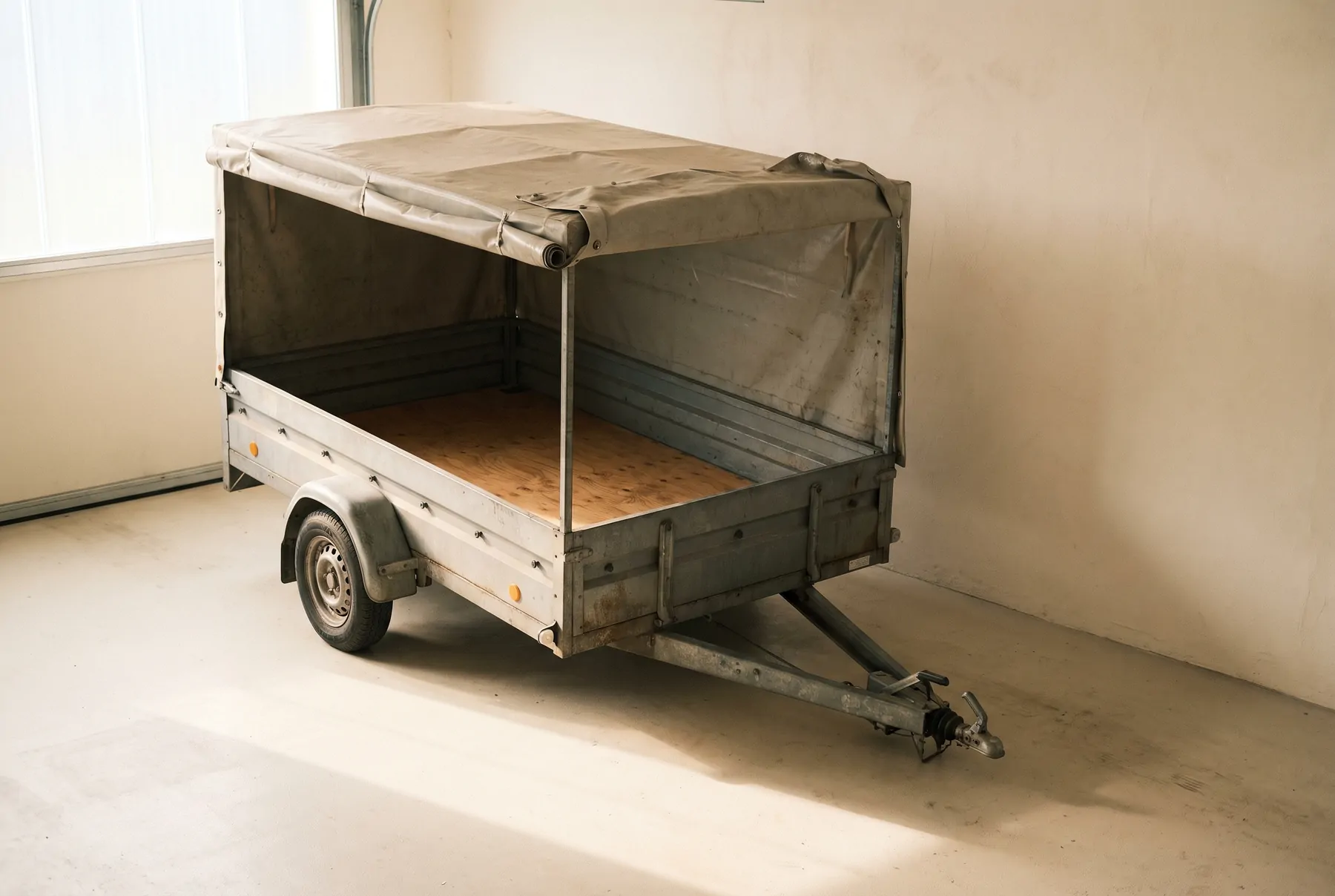The trailer with its cover rolled back, showing the empty load bed