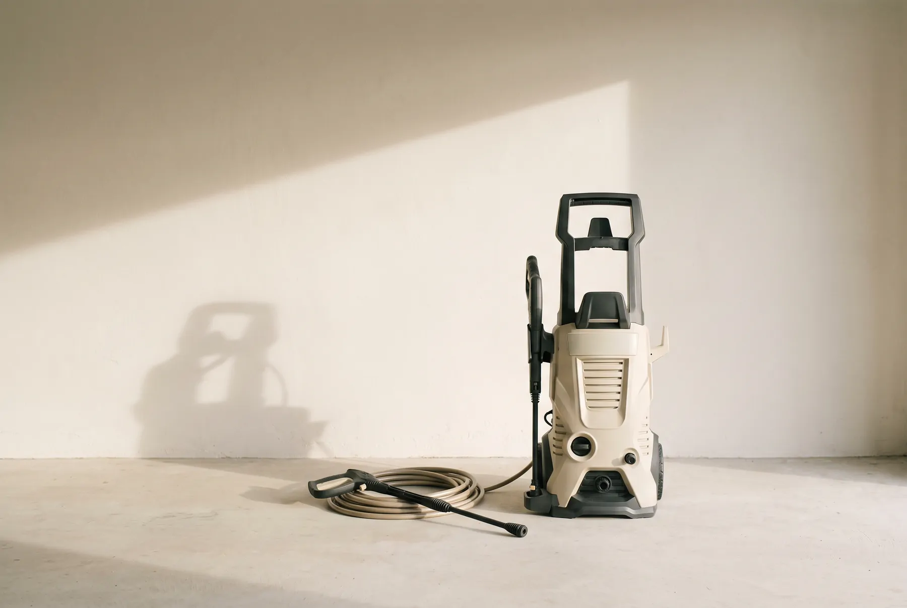 A pressure washer with its coiled hose in a bare garage
