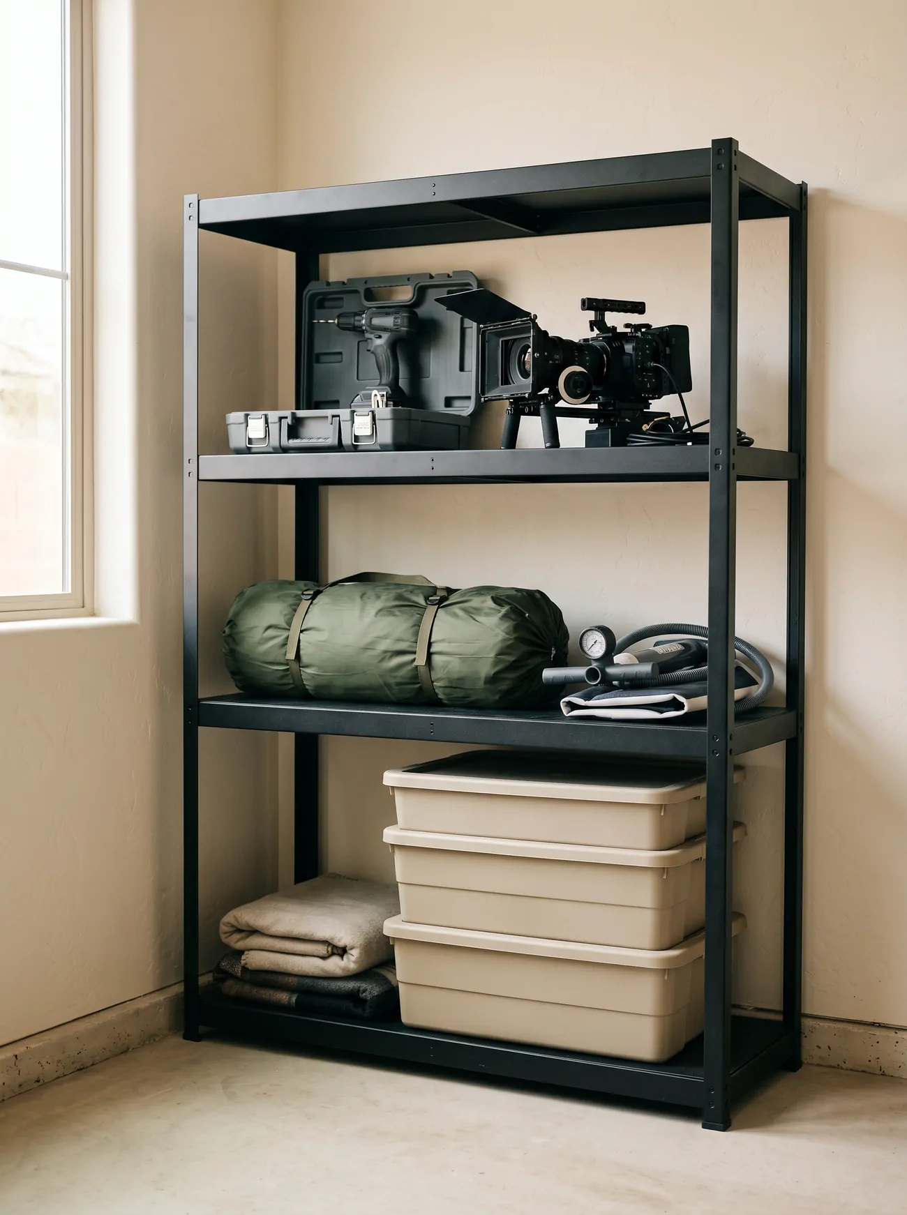A household's own belongings resting unused on a shelving unit in a garage: a drill, a camera, a cool box and a rolled tent